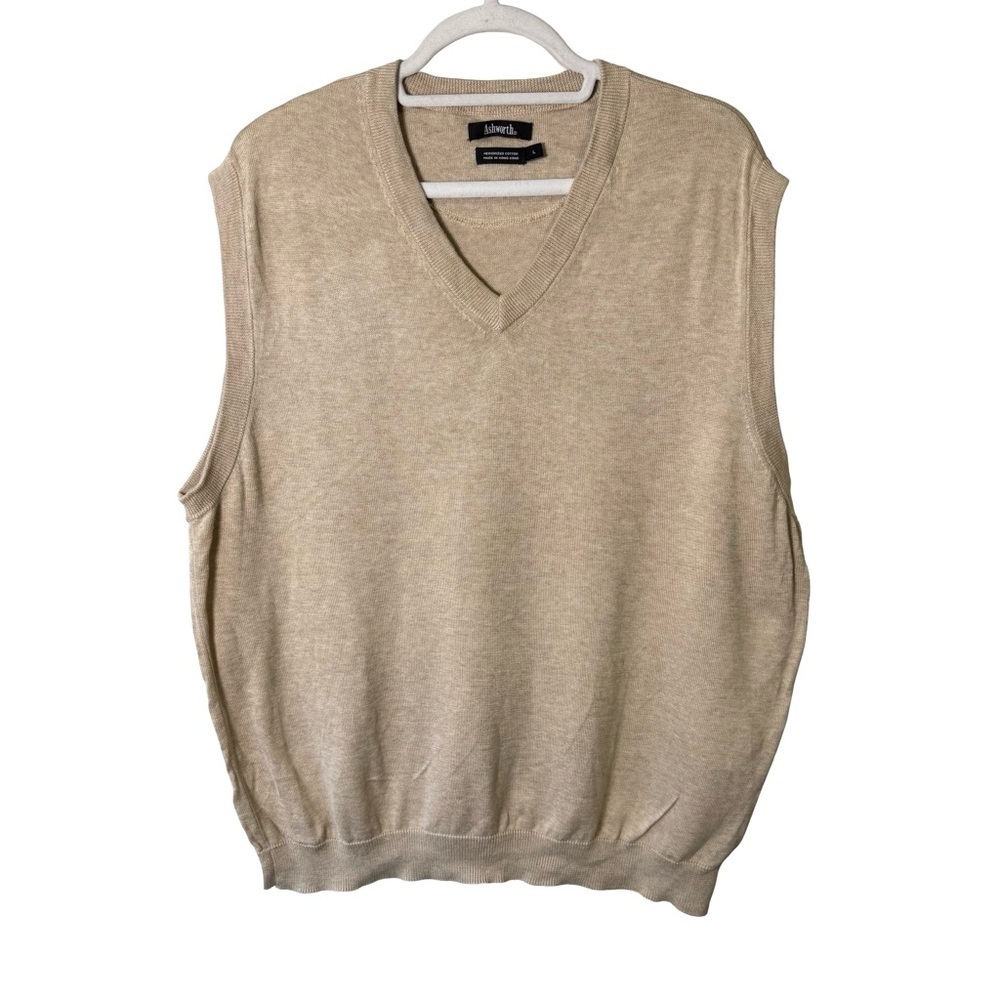 Ashworth Men's Beige V-Neck Golf Knit Sweater Vest Size L Mercerized Cotton